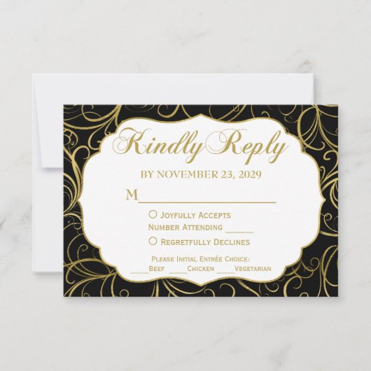 Black Gold Swirl RSVP Wedding Response w/Meal (Voorkant)