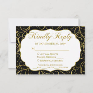 Black Gold Swirl RSVP Wedding Response w/Meal