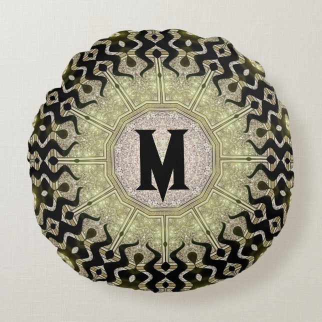 Black Gold Tribal Glam Custom Name Monogram Rond Kussen (Voorkant)