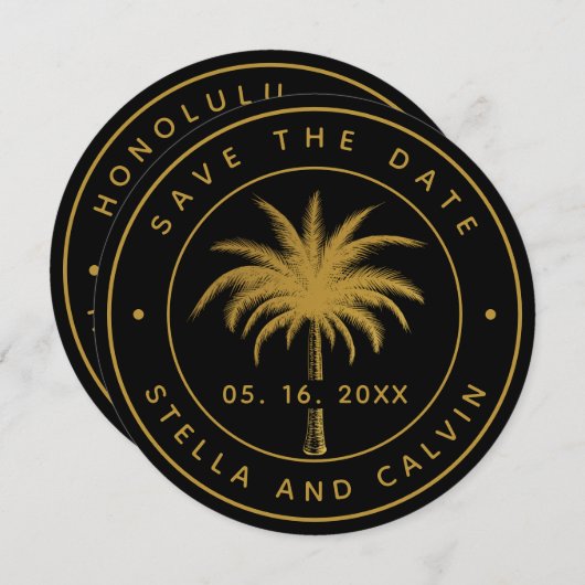 Black & Gold Tropical Palm Tree Weddenschap Save The Date (Voorkant / Achterkant)