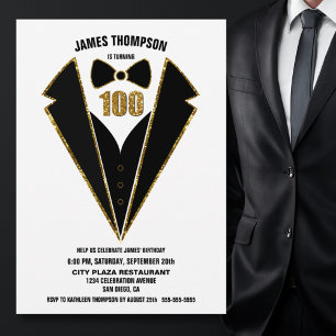 Black Gold Tuxedo 100th Birthday Party Kaart
