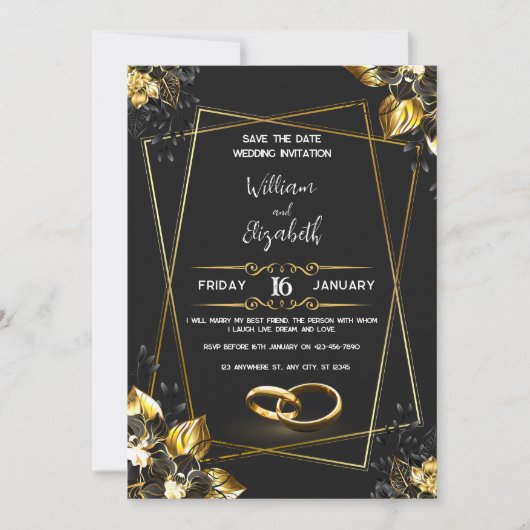 Black & Gold Wedding Invitation Card (Devant)