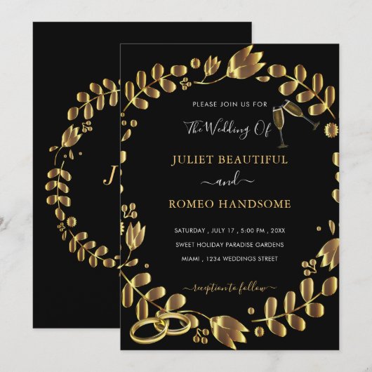 Black Gold Wedding Invitation Sjabloon (Voorkant / Achterkant)