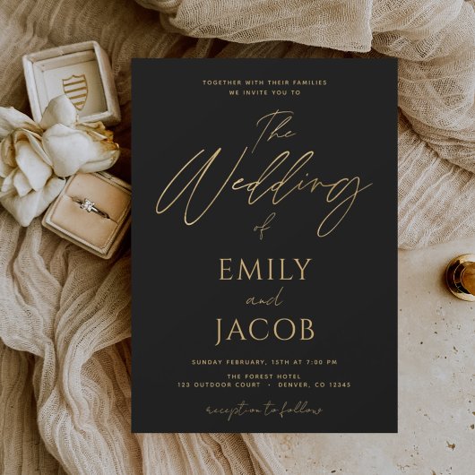 Black Gold Wedding Modern Typography Script Invita Folie Uitnodiging