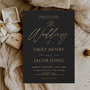 Black Gold Wedding Modern Typography Script Kaart