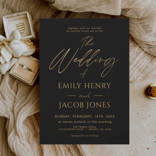 Black Gold Wedding Modern Typography Script Kaart