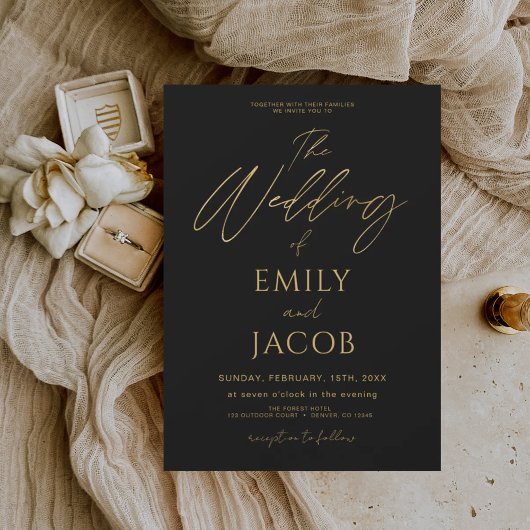 Black Gold Wedding Modern Typography Script Kaart