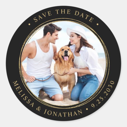 Black Gold Wedding Personaliseer Foto opslaan Datu Ronde Sticker (Voorkant)