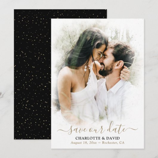 Black Gold Wedding Photo Save Our Date Kaart (Voorkant / Achterkant)