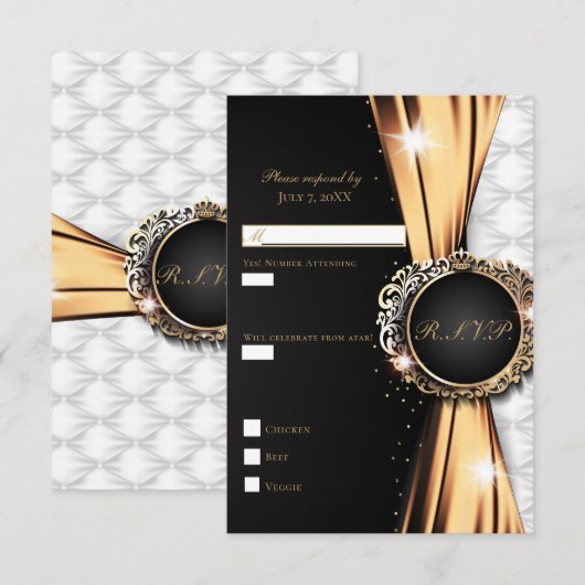 Black Gold & White Elegant Luxury Wedding RSVP Kaart (Voorkant / Achterkant)