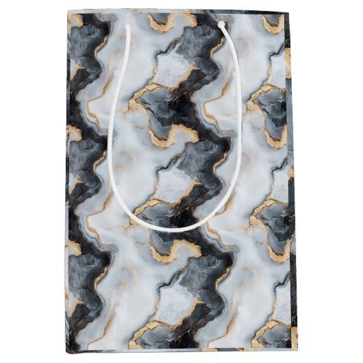 Black, Gold & White Marble Print Designer Gift Bag Medium Cadeauzakje (Voorkant)