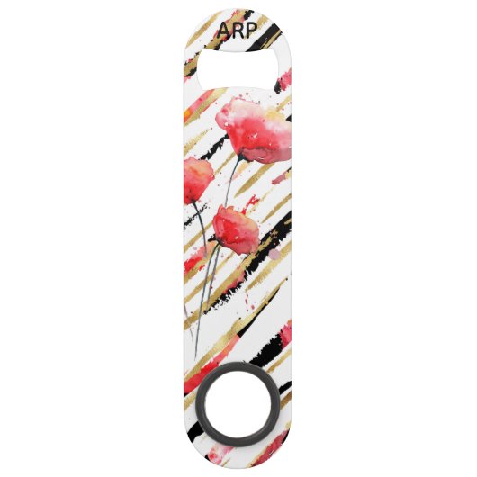 *~* Black Gold White Poppy Pattern Speed Flessenopener (Voorkant)