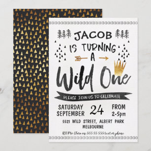 Black Gold Wild One Boys 1st Birthday Invitation