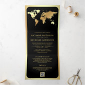 Black Gold World Map QR Code Photo Wedding Drieluik Uitnodiging (Binnen)