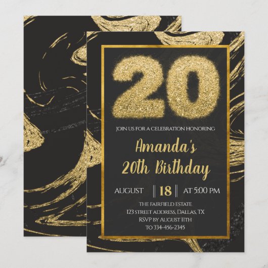 Black Golden 20th Birthday Invitation Kaart (Voorkant / Achterkant)