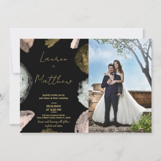 Black Golden Wedding Invitations avec photo (Devant)