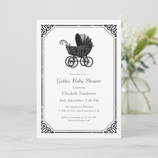 Black Gothic Stroller Baby Shower Invitation (Debout devant)