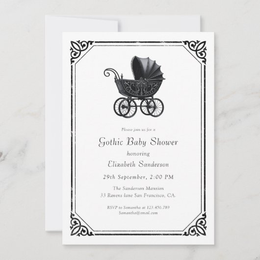 Black Gothic Stroller Baby Shower Invitation Kaart (Voorkant)