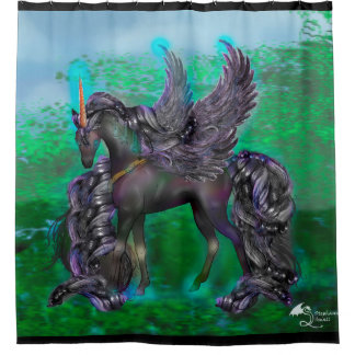Black Gothic Winged Unicorn in Forest Douchegordijn