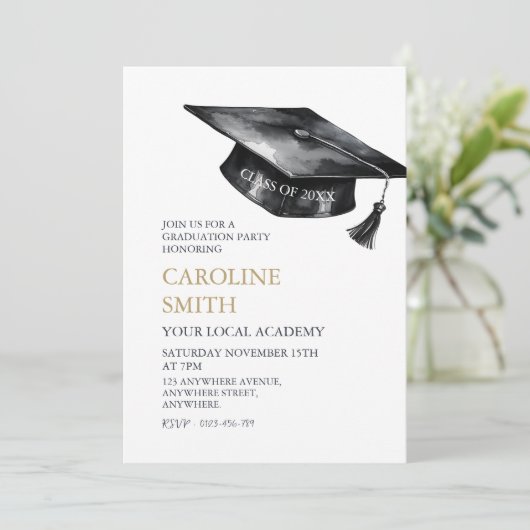 Black Graduation cap Afstudeerfeest Kaart (Staand voorkant)