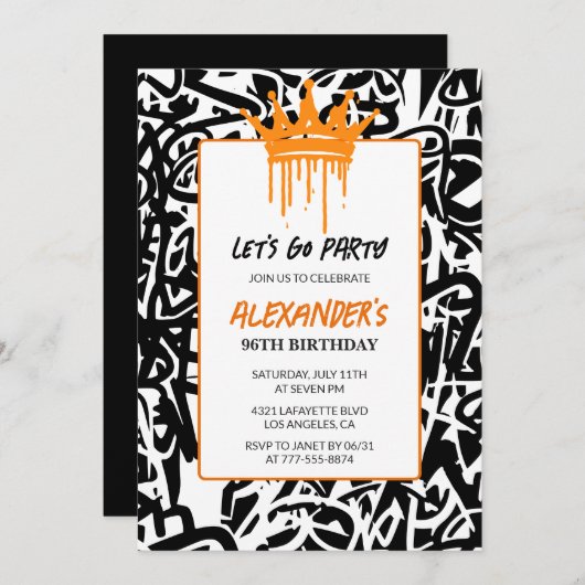 Black Graffiti Hommes 96e anniversaire invitation (Devant / Derrière)
