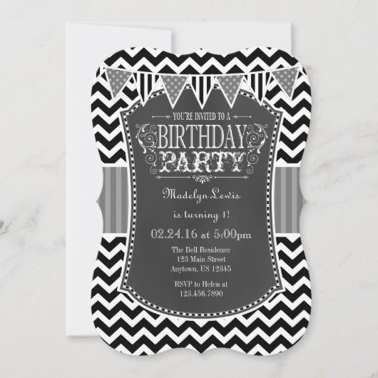 Black Gray Chalkboard Chevron Birthday Invite Kaart (Voorkant)