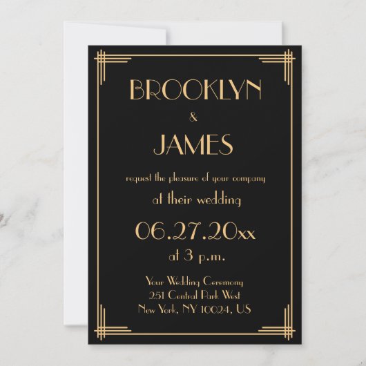Black Great Gatsby Art Déco Invitations de mariage (Devant)