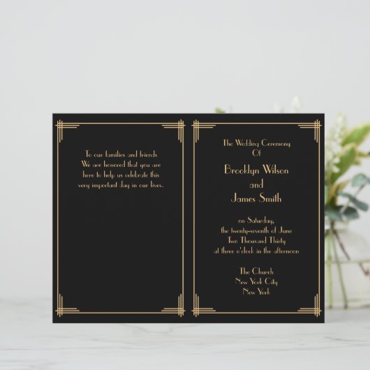 Black Great Gatsby Art Déco Programme de mariage (Debout devant)