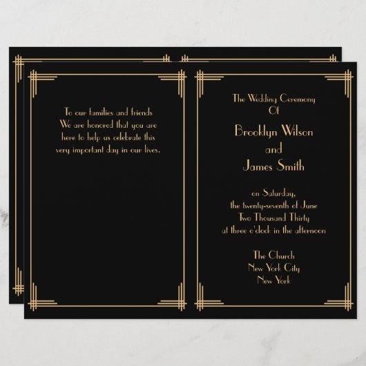 Black Great Gatsby Art Déco Programme de mariage (Devant / Derrière)