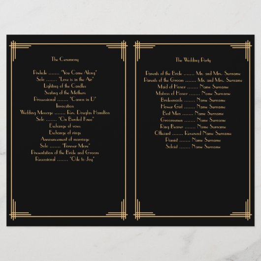 Black Great Gatsby Art Déco Programme de mariage (Dos)