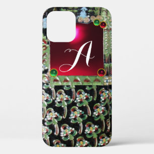 BLACK GREEN ART NOUVEAU GEMSTONE MONOGRAM, Red Rub iPhone 12 Hoesje