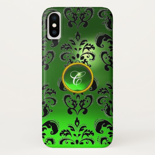 BLACK GREEN DAMASK EMERALD GEM MONOGRAM Case-Mate iPhone CASE (Achterkant)