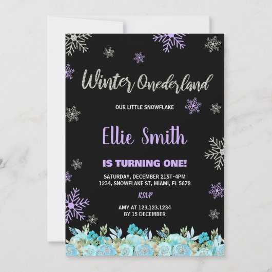 Black Green Floral Winter ONE derland Invitations (Devant)