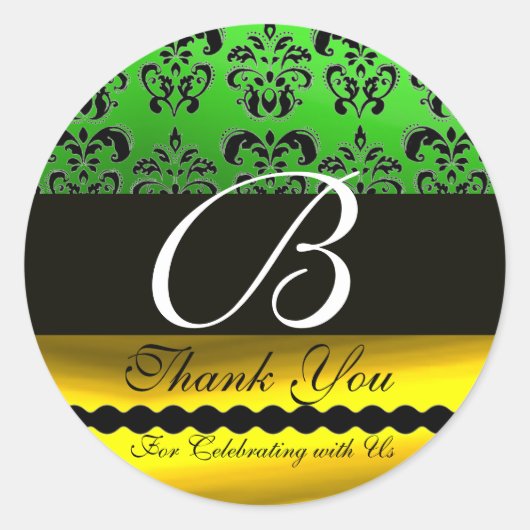 BLACK GREEN GOLD DAMASK MONOGRAM Dank u Ronde Sticker (Voorkant)