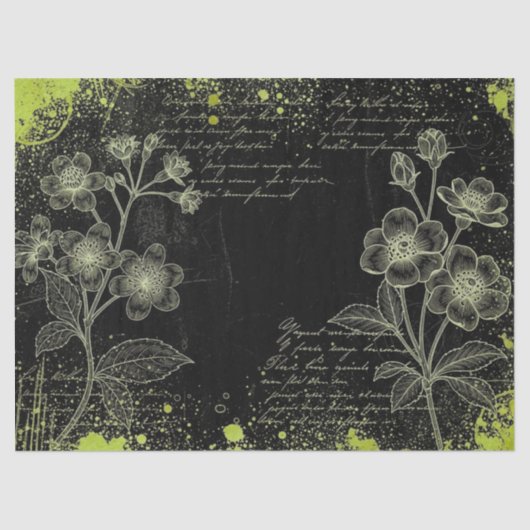 Black & Green Hand-Drawn Floral Script Decoupage  Tissuepapier (Voorkant)