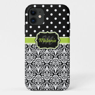 Black Green Monogrammed Damask Polka Dots Pattern iPhone 11 Hoesje