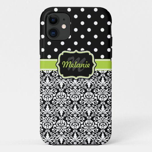 Black Green Monogrammed Damask Polka Dots Pattern Case-Mate iPhone Case (Achterkant)