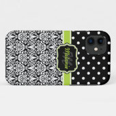 Black Green Monogrammed Damask Polka Dots Pattern Case-Mate iPhone Case (Achterkant (horizontaal))