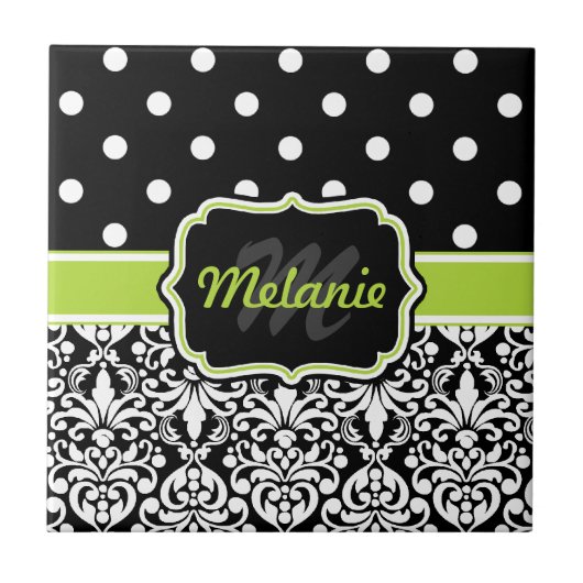 Black Green Monogrammed Damask Polka Dots Pattern Tegeltje (Voorkant)