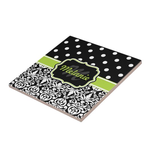 Black Green Monogrammed Damask Polka Dots Pattern Tegeltje (Zijkant)