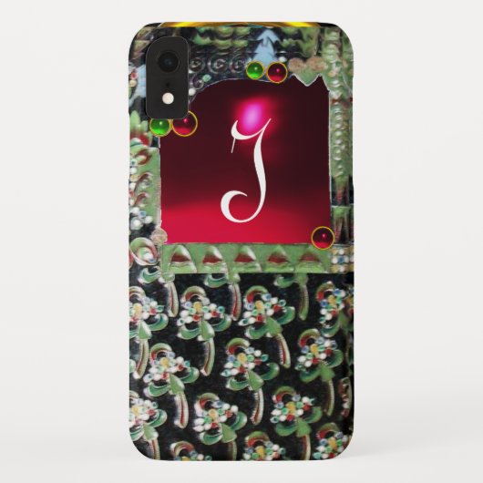 BLACK GREEN RED ART NOUVEAU GEMSTONE MONOGRAM Ruby Case-Mate iPhone Case (Achterkant)