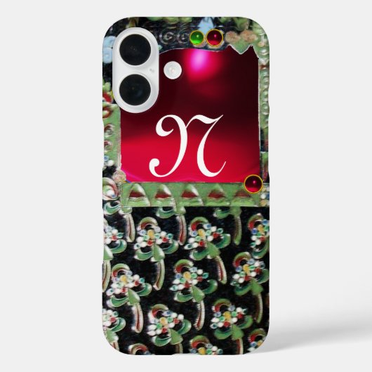 BLACK GREEN RED ART NOUVEAU GEMSTONE MONOGRAM Ruby Case-Mate iPhone Case (Achterkant)