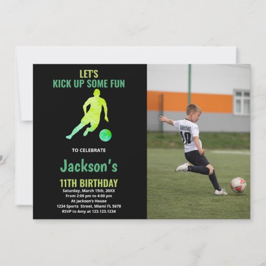 Black Green Runing Soccer Birthday met foto Kaart (Voorkant)