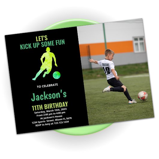 Black Green Runing Soccer Birthday met foto Kaart