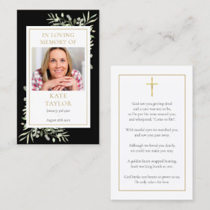 Black Greenery Photo Funeral Cartes de prières com
