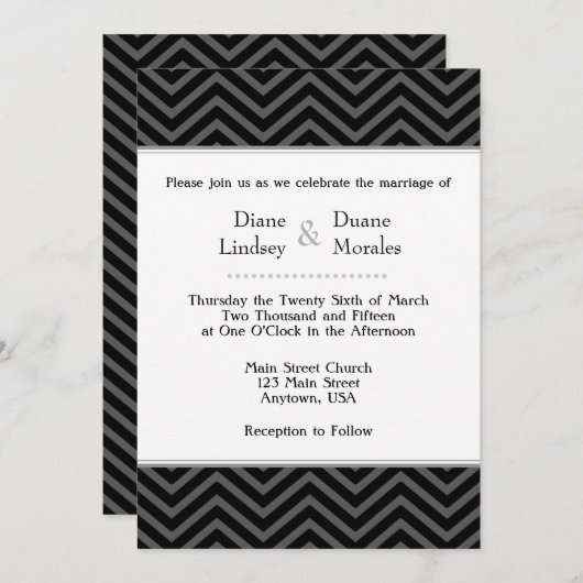 Black Grey Blanc Chevron Invitations de mariage (Devant / Derrière)