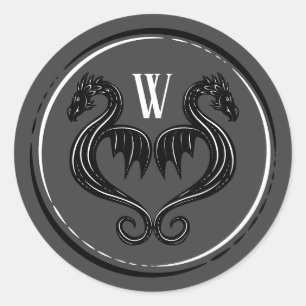 Black Grey Dragon Monogram Fantasy Wedding Ronde Sticker