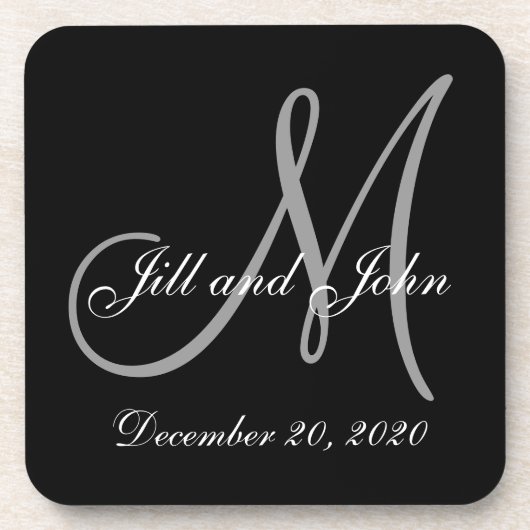 Black Grey Elegant Monogram Weddenschap Onderzetter (Voorkant)