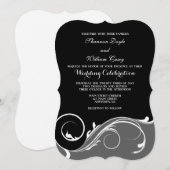 Black Grey Floral Swirl Bracket Wedding Invites Kaart (Voorkant / Achterkant)