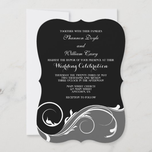 Black Grey Floral Swirl Bracket Wedding Invites Kaart (Voorkant)